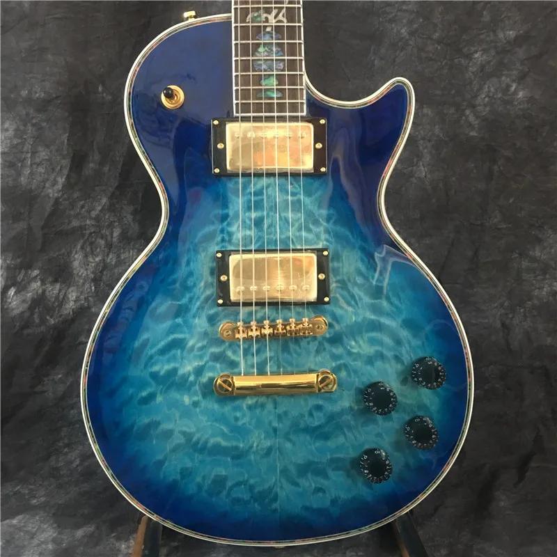 

Customized high-quality electric guitar, top quality, 2 pickups gold hardware, standard blue electric guitar, quilted maple top,