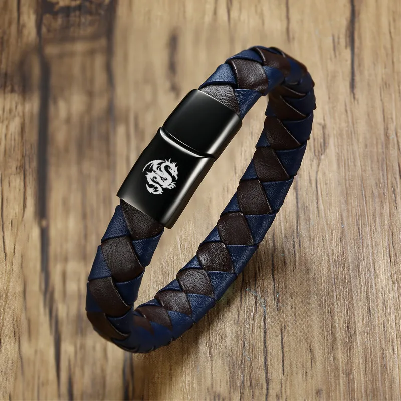 

Vnox 12mm Genuine Leather Dragon Men Bracelets Stainless Steel Closure Bangles Rhombus Texture Casual Personalized Gift
