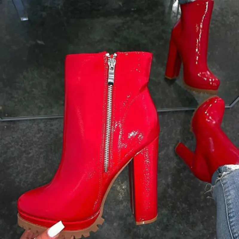 

2020 Autumn Fashion Women Bright Color Patent Leather New Style Square Heel Motorcycle Boots Outdoor Leisure All-match Boots