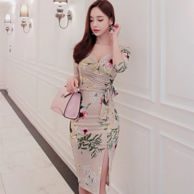 Женское платье с принтом YaLiShi винтажное пляжное миди V образным вырезом рукавом