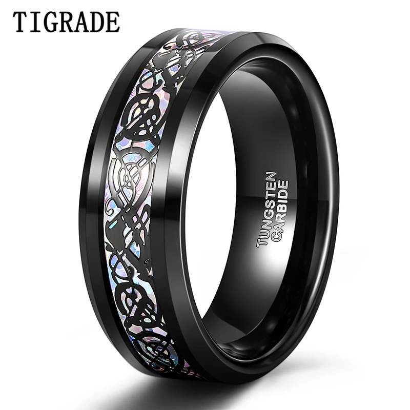 

Обручальные кольца TIGRADE для мужчин и женщин, вольфрамовые кольца 8 мм, с цветной инкрустацией кельтского дракона из углеродного волокна, удо...