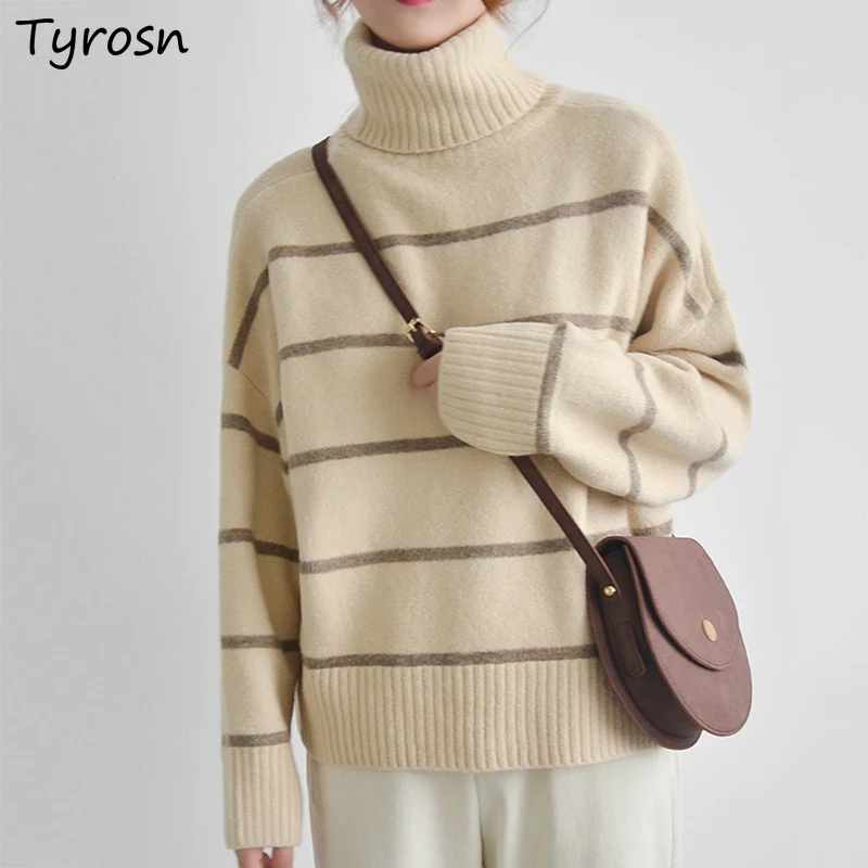 

Pullovers Women Retro All-match Gentle Korean Fashion High Street Loose-fit Basic Keep Warm Thicker Turtleneck Striped Sweaters