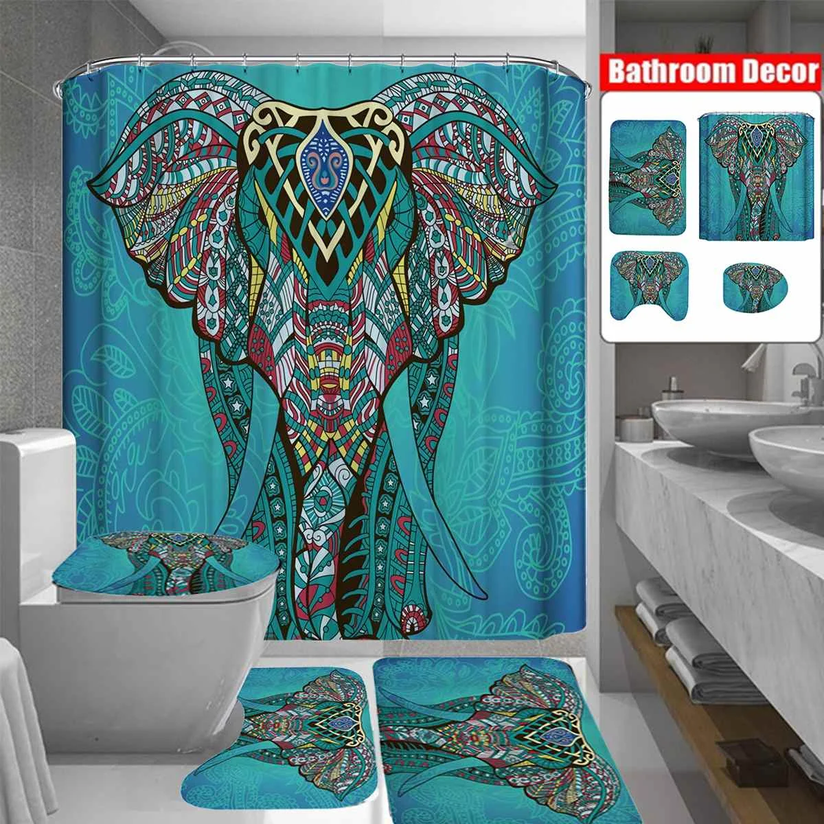 Bathroom Set Elephant Animal Bathroom Curtain Toilet Cover Rugs Non-slip Bath Mat Carpets