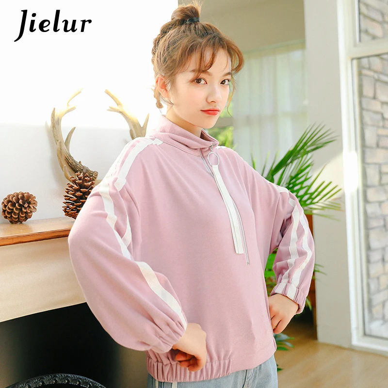 Jielur корейская мода тонкая водолазка Свитшот Женская Полосатая молния фиолетовая