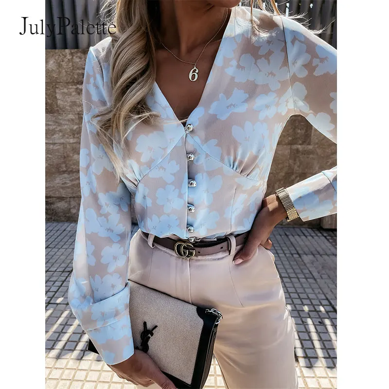

Julypalette 2021 Осенняя модная женская рубашка с принтом пикантная однобортная рубашка с глубоким V-образным вырезом Топ с длинным рукавом винтаж...