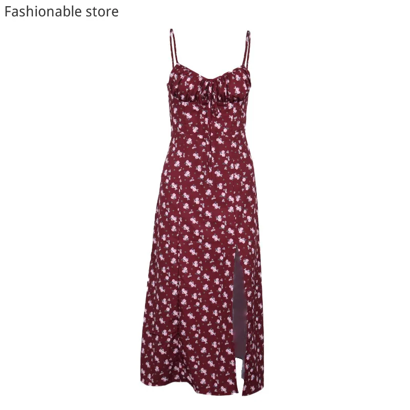 

Women Deep V Neck Sexy Fashion Floral Print Folded Lace-up Side Slit Suspender Midi Dress