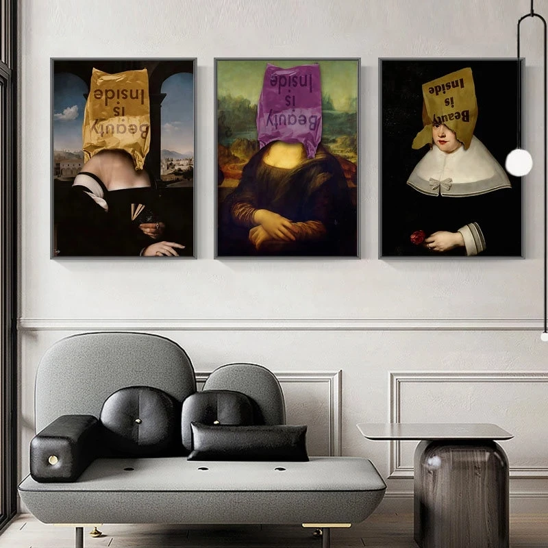 

Mona Lisa Funny pocket Head Women Art Canvas Painting Figure Beauty Is Inside Wall Art Posters And Prints Pictures Room Decor
