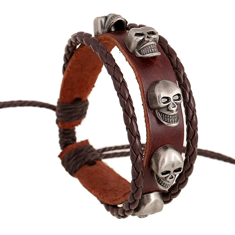 

Skull head men's bracelet elegant brown leather woven retro death charm bracelet men's bracelet