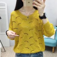 2021 new hollow out womens sweater autumn casual v neck long sleeve pullover loose knitted top korean bottom thin jumper female