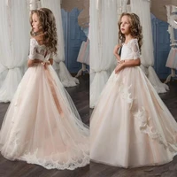 elegant flower girl dress champagne half sleeve lace applique girls first communion party princess pageant dresses