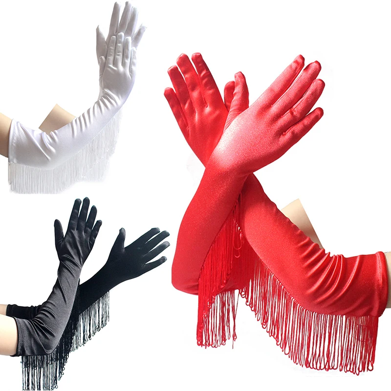 

Women Sexy Satin Gloves Banquet Cocktail Party Opera Mitten Stretchy Long Fringe Gloves Dress Accessory Adult Costume Gloves