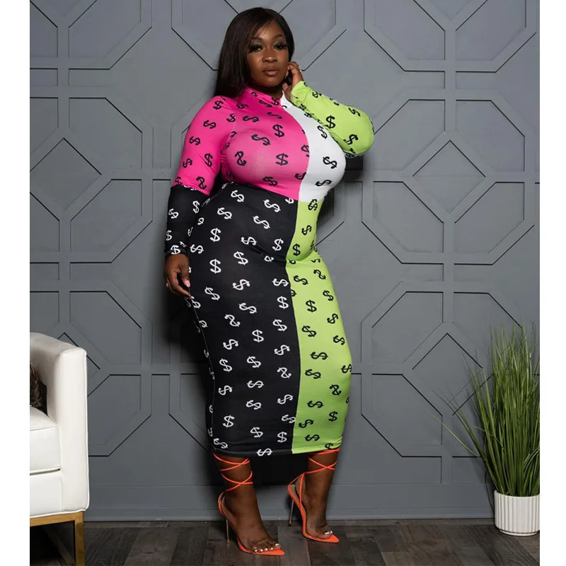 

HOT Elegant Summer New Plus Size XL-5XL Women Long Sleeve Long Dress Ladies Casual Pencil Dress O Neck Slim Bodycon Dress