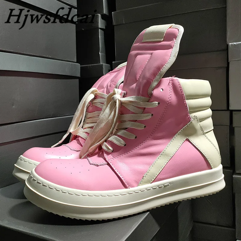 

Hjwsfdcai Real Leather Women's Boots Brand Men's Women's Sports Shoes Pink High-Top Round Lace Up Sneakers Motorcycle Boots