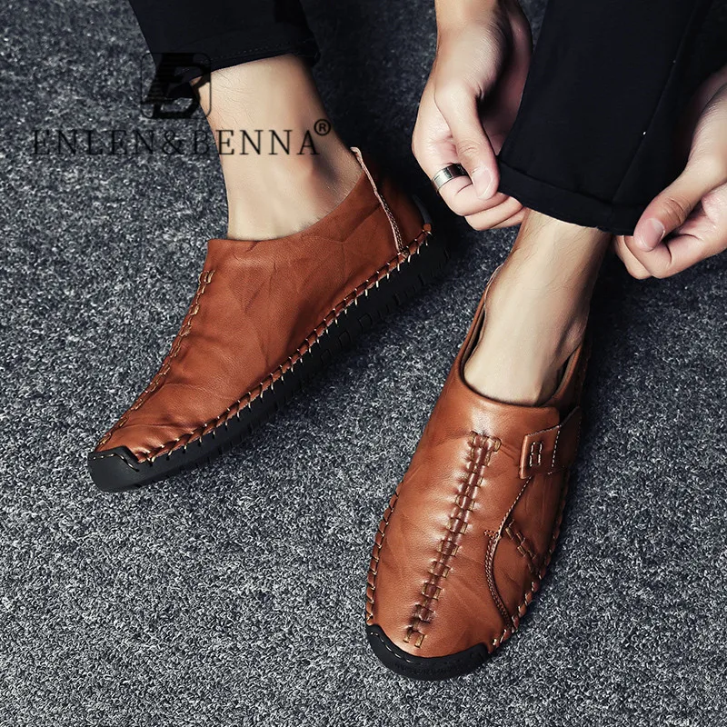 

2021 Brand Men Shoes Casual Luxury Genuine Leather Sneakers Slip on Loafers New Men Brown Walking Moccasin Footwear Big Size 12