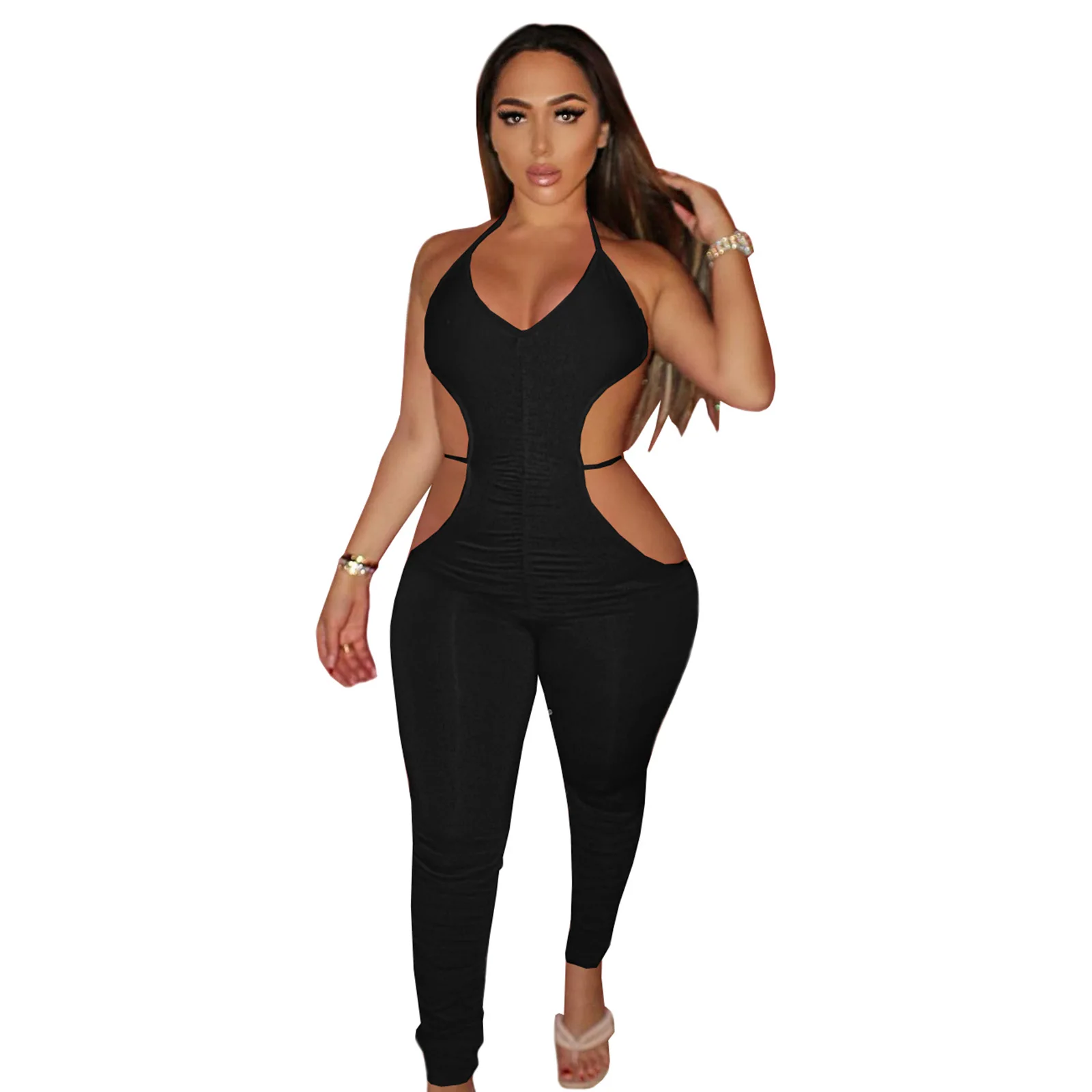 

Fashion Women's Clothing Personality Halter Neck Zipper Folds Tie Rope Sexy Hollow Back Bare Solid Color Simple Casual Jumpsuit