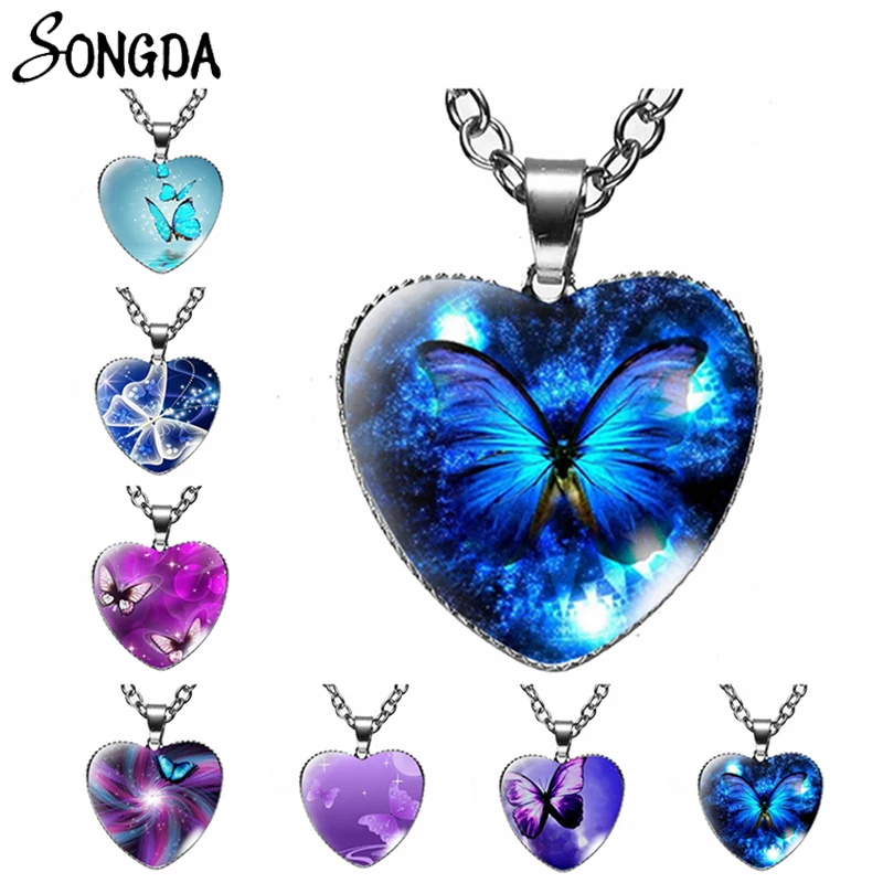 

Purple Magic Butterfly Heart Necklace Beautiful and Mysterious Butterfly Pendant Necklace Glass Dome Handmade Jewelry Wholesale