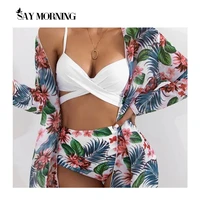 say morning 2021 summer sexy floral print bikini swimsuit women 3 piece high waist bikini set female brazilian push up swimwear