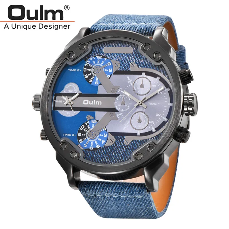 PU Denim Blue Oulm большие часы для мужчин несколько часовых поясов спортивные кварцевые часы мужские повседневные кожаные два дизайна люксовый бренд Мужские Wriswatch - Цвет: PU Denim Blue
