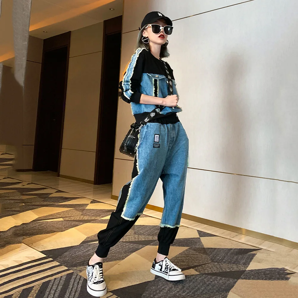 저렴한 데님 두 조각 세트 청바지 정장 여성 느슨한 Hipster Tracksuit 라운지 착용 스티치 2 조각 세트 스트리트 힙합 의상