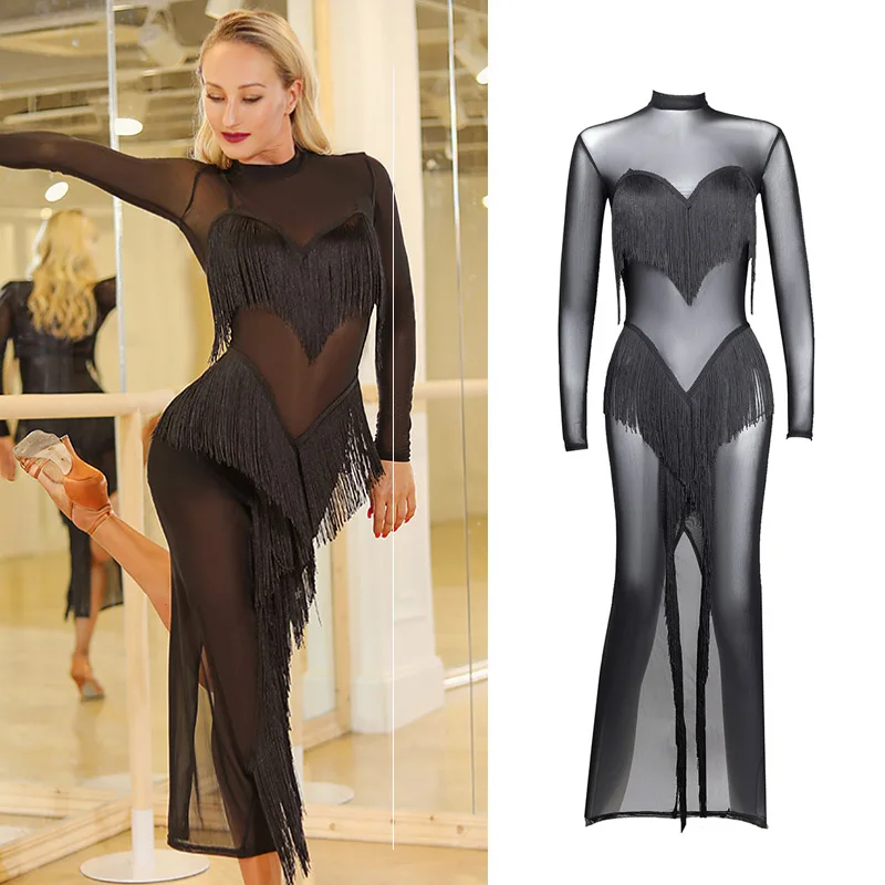 Платье для латиноамериканских танцев черное Сетчатое длинное платье с бахромой