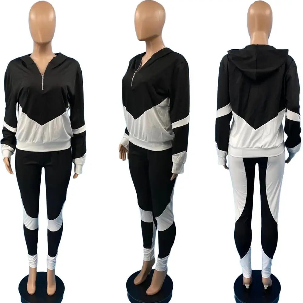 

Active wear Color Block Tracksuit Women Casual Sporty Fitness Long Sleeve Zipper Hooded Top + Sweatpants Two Piece Set Outfits