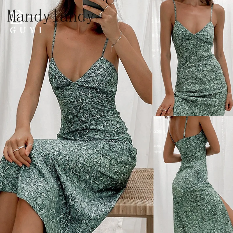 

Mandylandy женское элегантное Летнее Длинное Платье на бретельках с принтом, женское сексуальное платье Бохо без рукавов с V-образным вырезом, са...