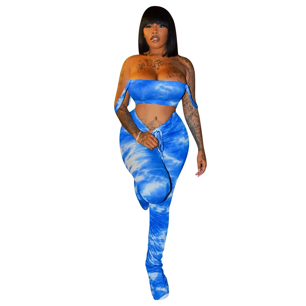 

Stacked Leggings Pants Two Piece Set Tie Dye Stripe Sexy Women Bodycon Crop Top+Split Hem High Waist Pant Sweatpants Club Outfit