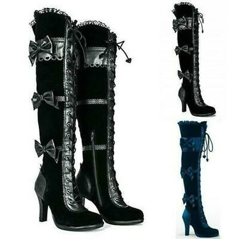 OLOMLB-Botas de tacón alto estilo Steampunk victoriano para mujer, zapatos altos con cordones hasta el muslo, estilo pirata, por encima de la rodilla, con lazo, Lolita