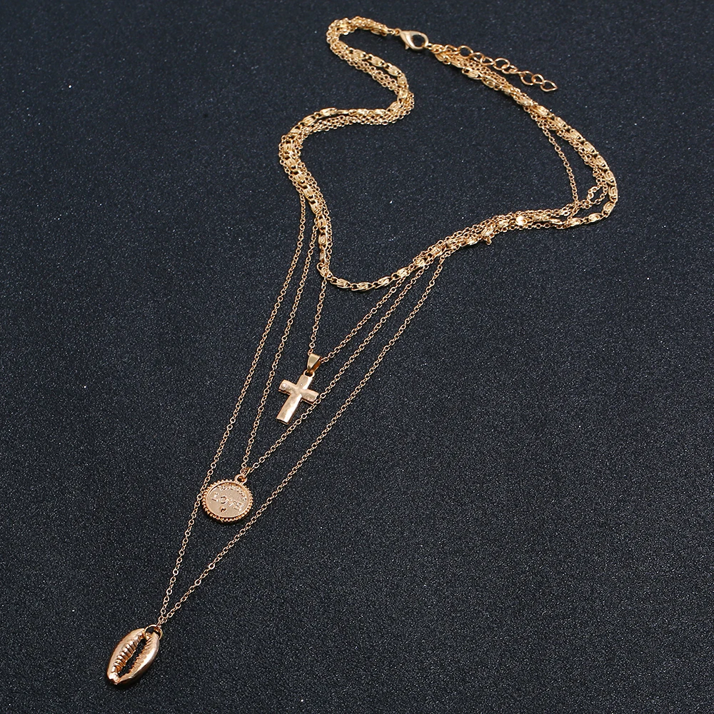 

Vintage Multi-layer Necklaces&Pendants For Women Classical Cross shape Long Necklace Boho Metal Shell Beach Jewelry 2019 New