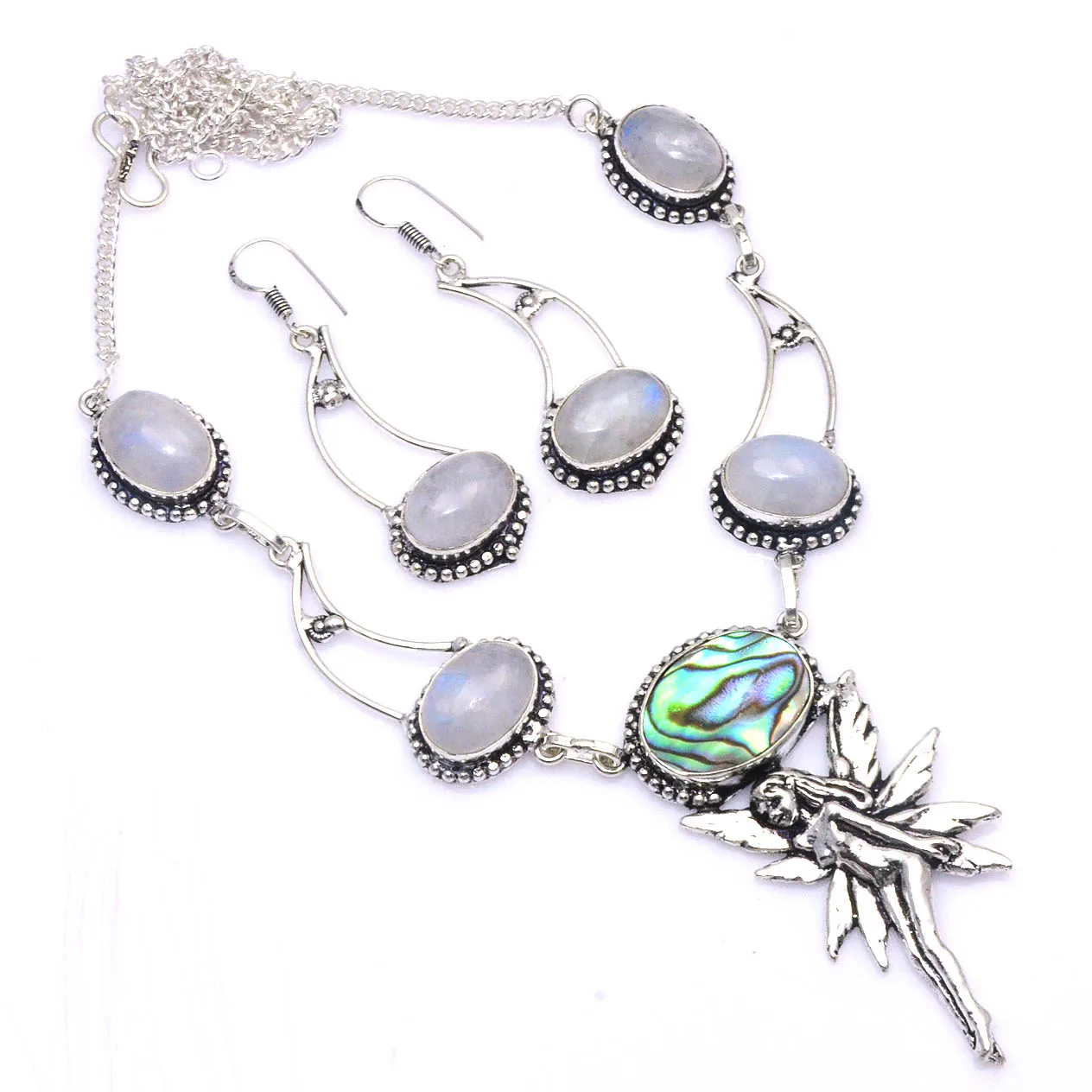 

Genuine Abalone Shell + Moonstone Necklace Earing Silver Overlay over Copper , 53 cm, N4514