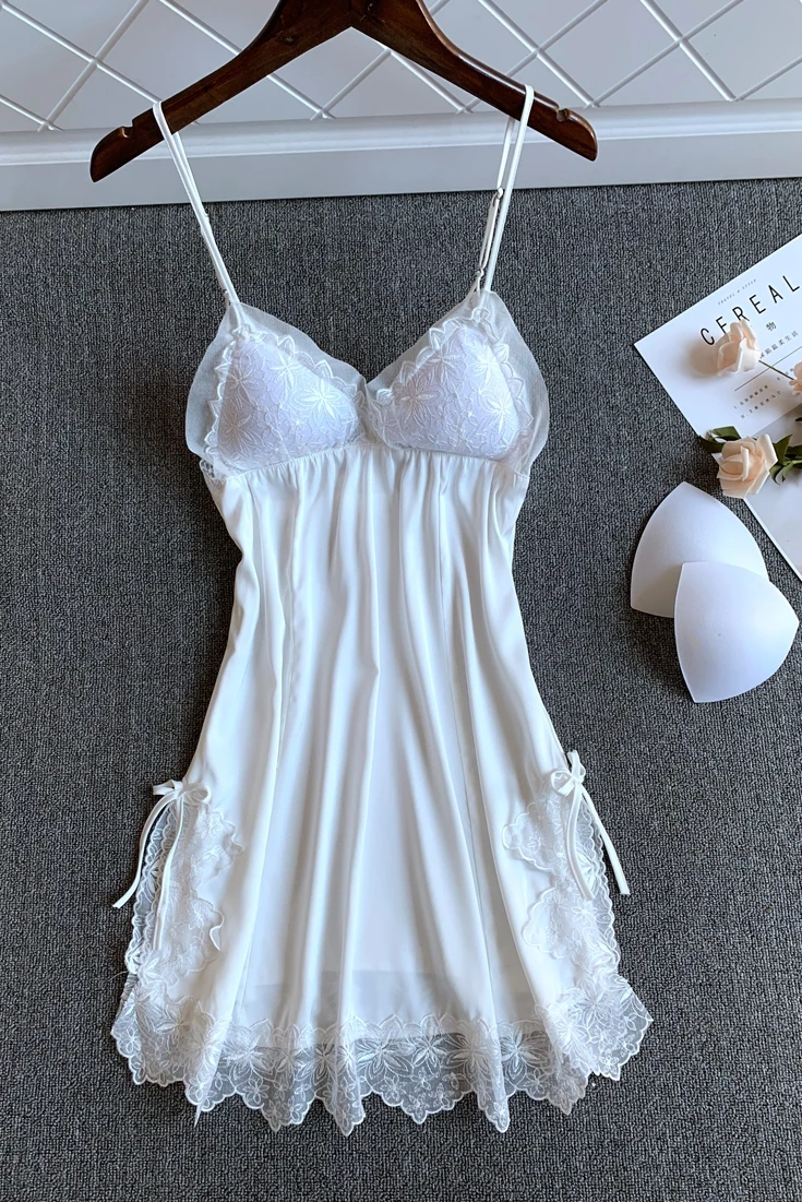 

Harajpee Women Pajama 2021 Summer French Sexy Temperament Sweet Extremely Seductive Lace V-Neck Solid Color Ice Silk Nightdress