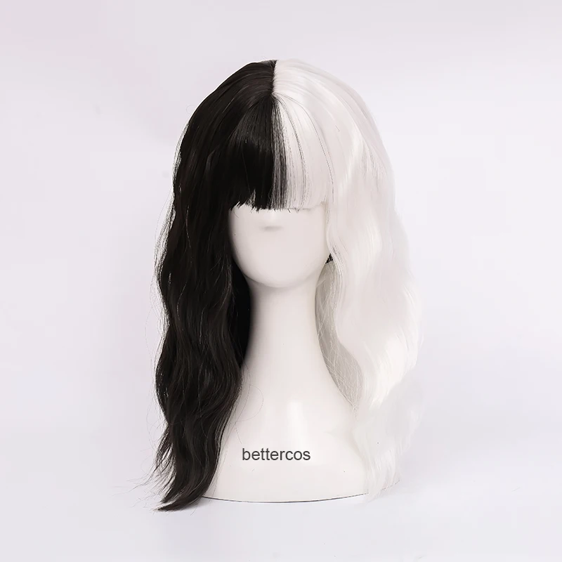 

Парик для косплея CRUELLA Deville De Vil, термостойкие синтетические волосы, с кудрявыми половинчатыми белыми и черными волосами, с шапочкой