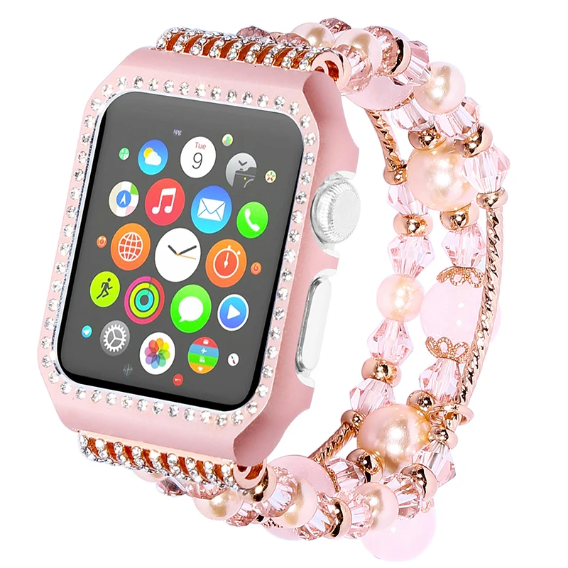 Ремешок из агата с рамкой для Apple watch series 5 4 3 2 1, эластичный браслет ручной работы из бисера, сменный ремешок на запястье 38 мм 42 мм
