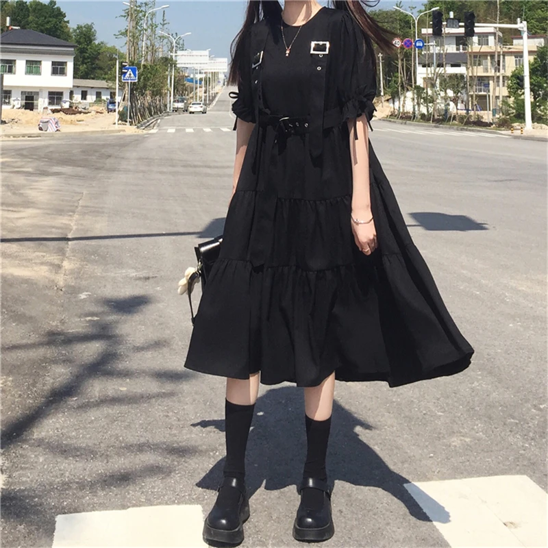 

Japanese Short Sleeve Ribbon Ruffles Women Midi Dress Harajuku Summer Streetwear Long Dress Gothic Punk Style Belt Cosplay Dress