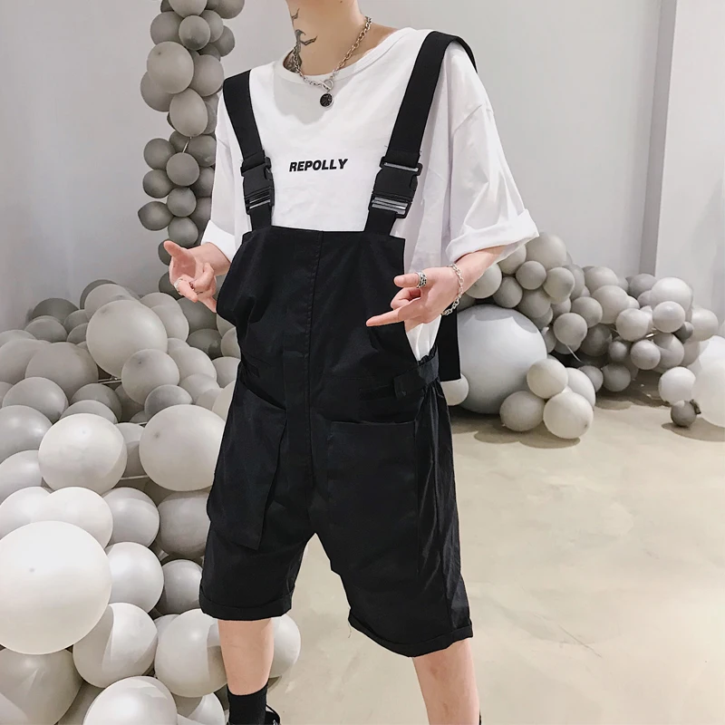 

Men's Summer Knee Length Black Overalls Casual Shorts Loose Solid Color Chic B7