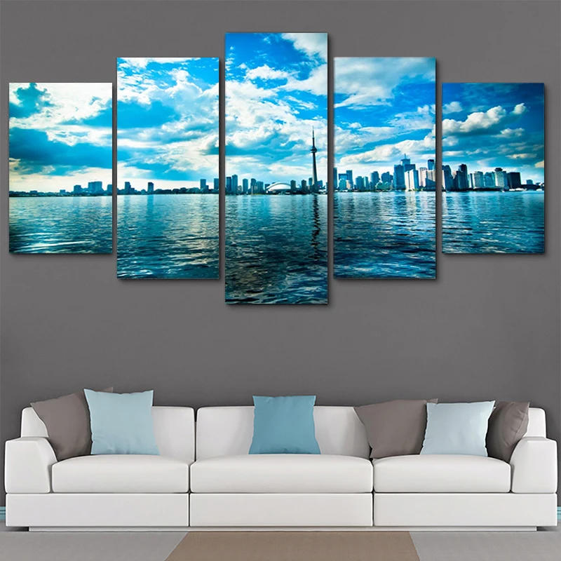 Модульная печать высокой четкости 5 шт. городская архитектура озеро башня небо