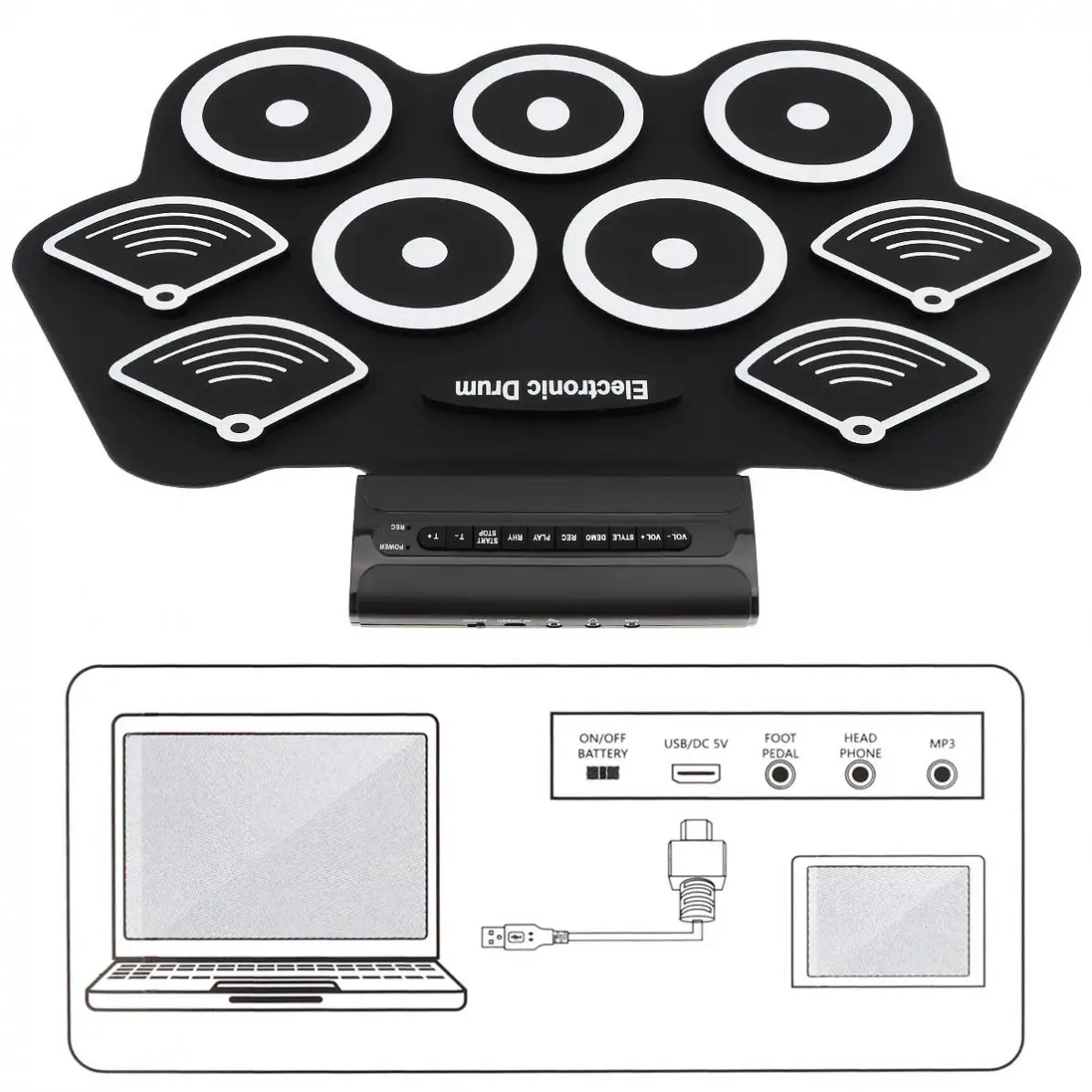 9 Pads Electronic Roll up Silicone Drum Kit with Drumsticks & Sustain Pedal Hand Percussion gift Musical Toy Instrument