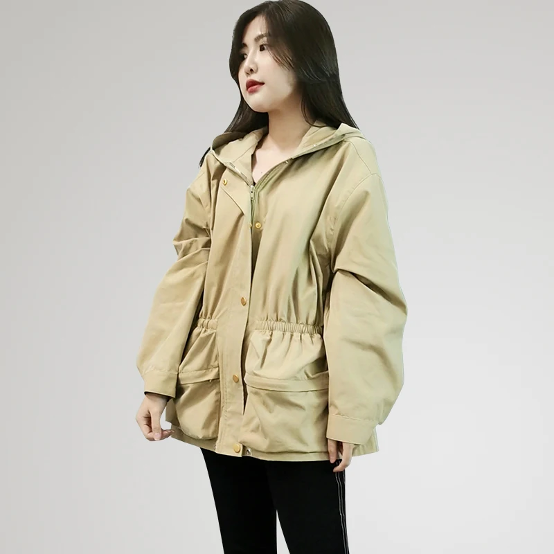

Khaki Button Zip Hooded Short Trench Coat