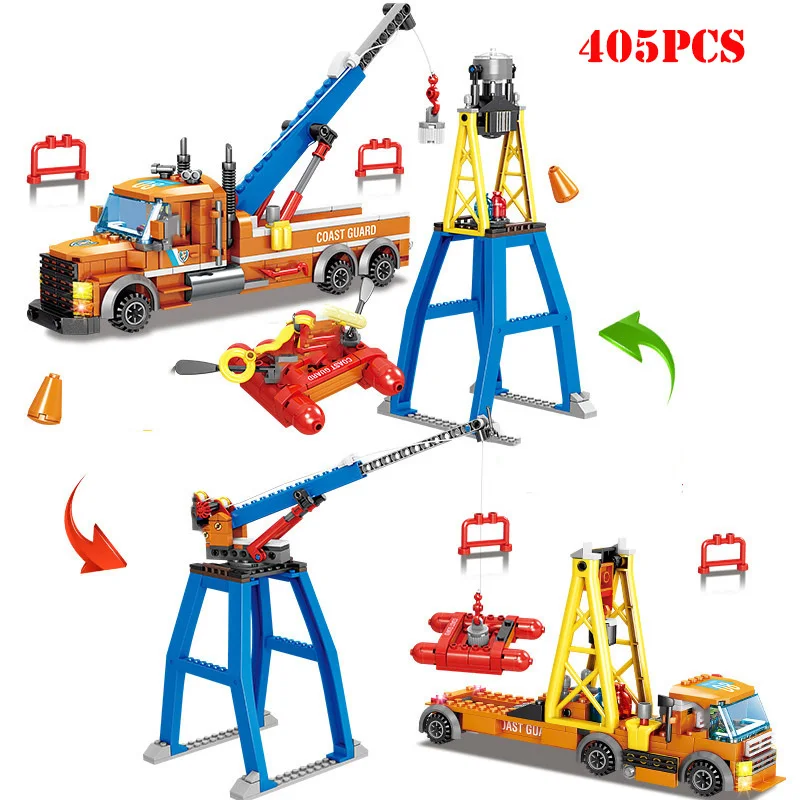 Конструктор детский городская Спасательная команда вертолет лодка кран