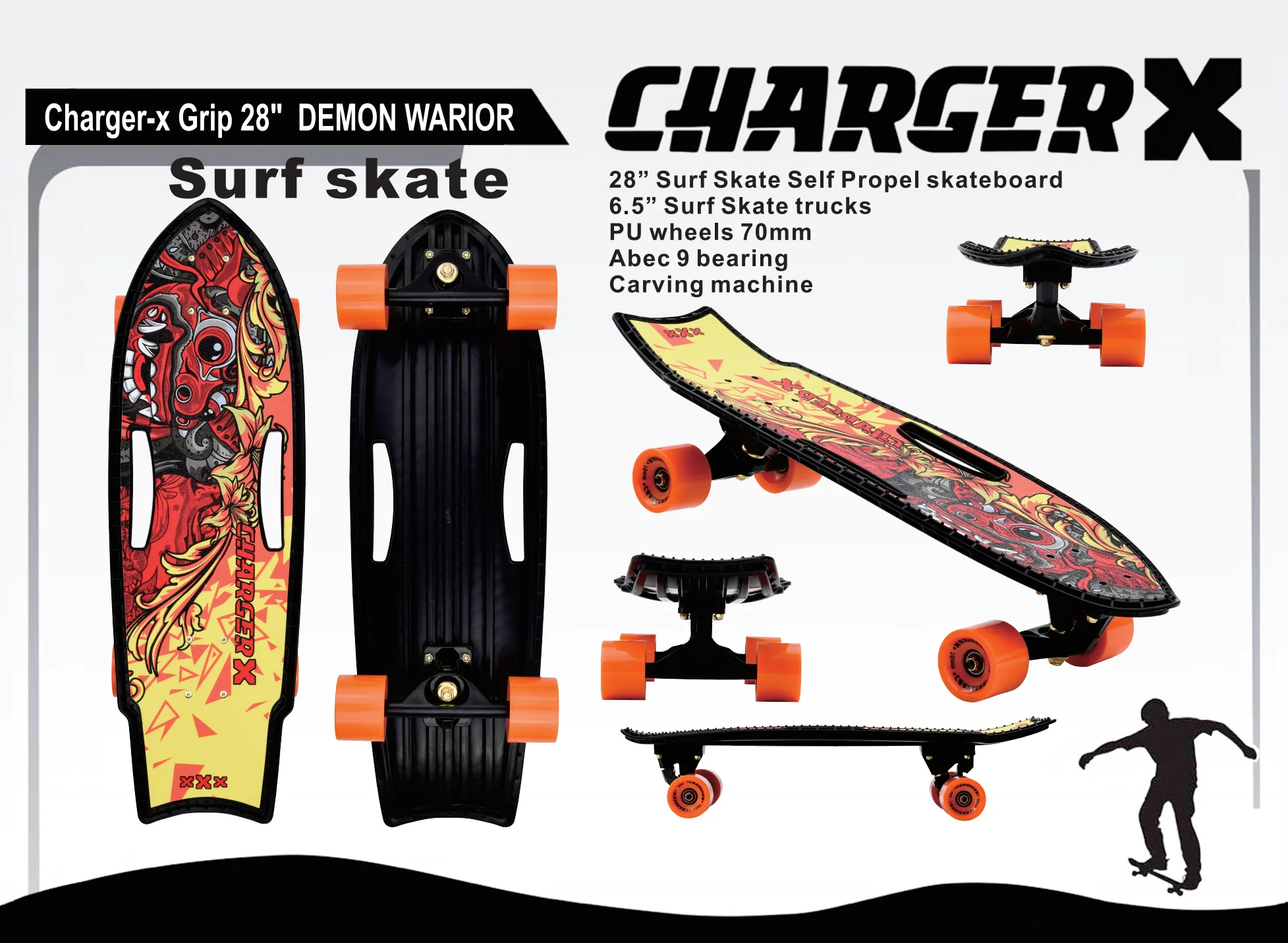 Charger X 28" Surfskate for Kids, Plastic Surf Skateboard, Good Brand, Street Skateboard