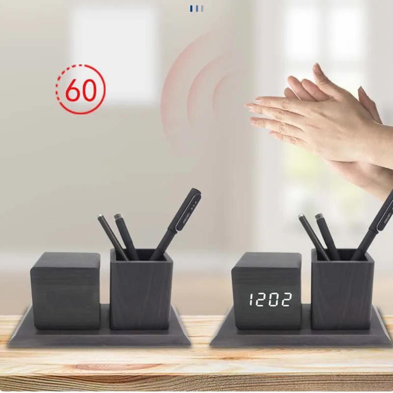 Часы светодиодные деревянные бесшумные Настольные Цифровые с голосовым