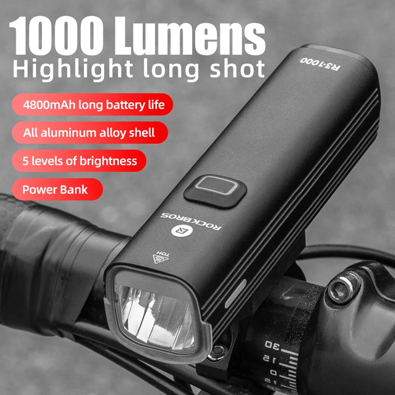

Bicycle Light 1000Lumen 4800mAh Bike Headlight Power Bank Flashlight Handlebar USB Charging MTB Road Cycling Highlight