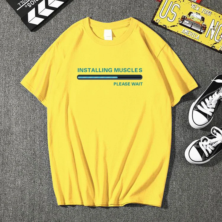 Fashion Funny Installing Muscles Please Wait Printed T-shirts Men Brand Loose T-shirt Summer Hipster O-neck Tops Tee | Мужская одежда