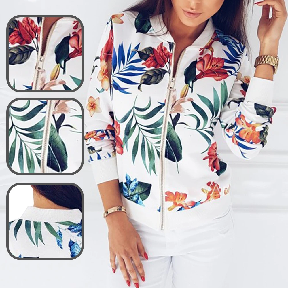 

2021 Floral Jackets Spring Summer Long Sleeve Zipper Print Bomber Jacket Casual Pocket Slim Female Fashion Outwears Plus Size