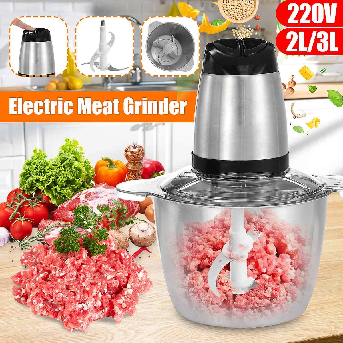 

Detachable 2 Speeds 300W Stainless steel 3L Capacity Electric Chopper Meat Low Noise Grinder Mincer Safe Food Processor Slicer