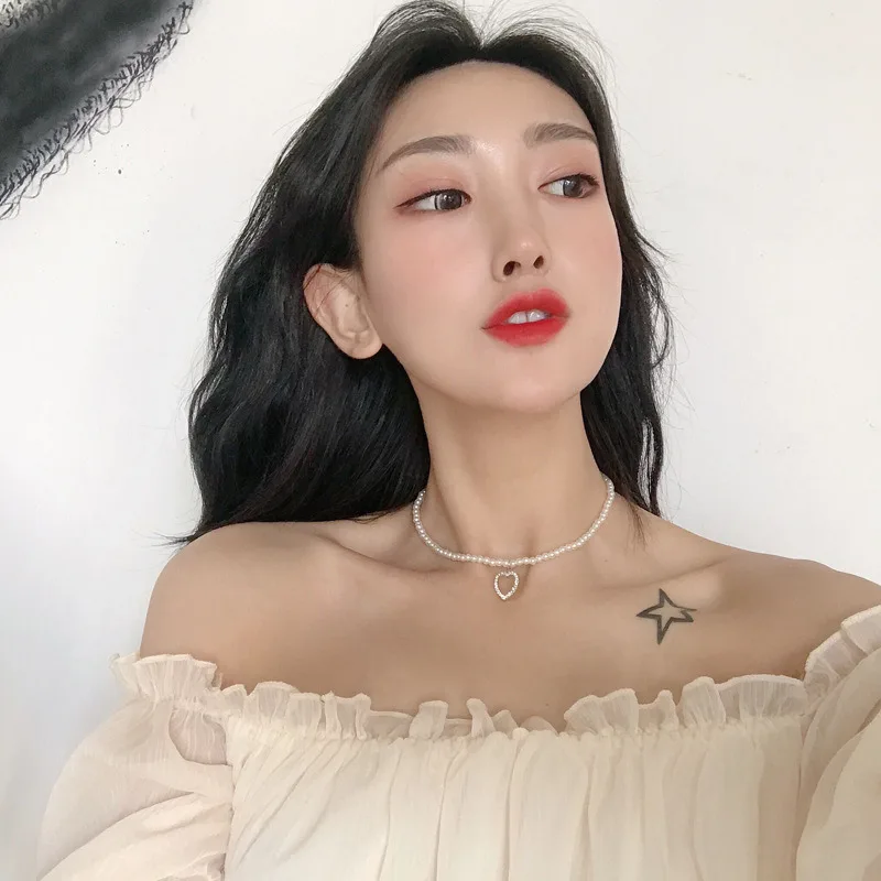 

hot fashion pearl love heart pendant necklace for women gold crystal necklaces clavicle chain 2019 jewelry