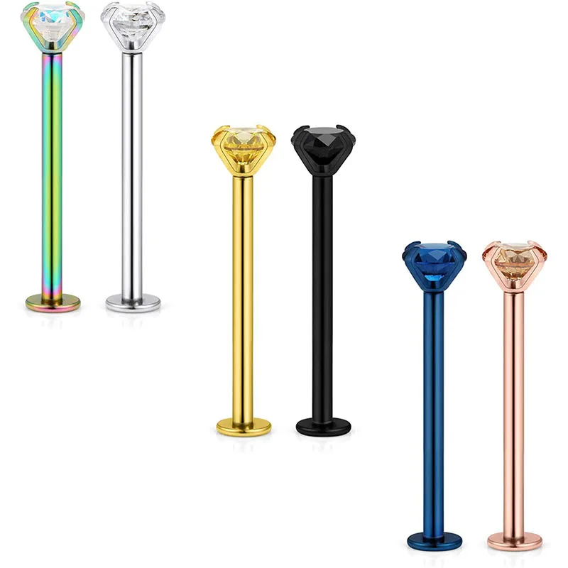 

16G Stainless Steel Labret Dimple Cheek Tongue Rings Barbell Body Piercing Jewelry 4mm Clear Cubic Zirconia Inlaid Bar Length