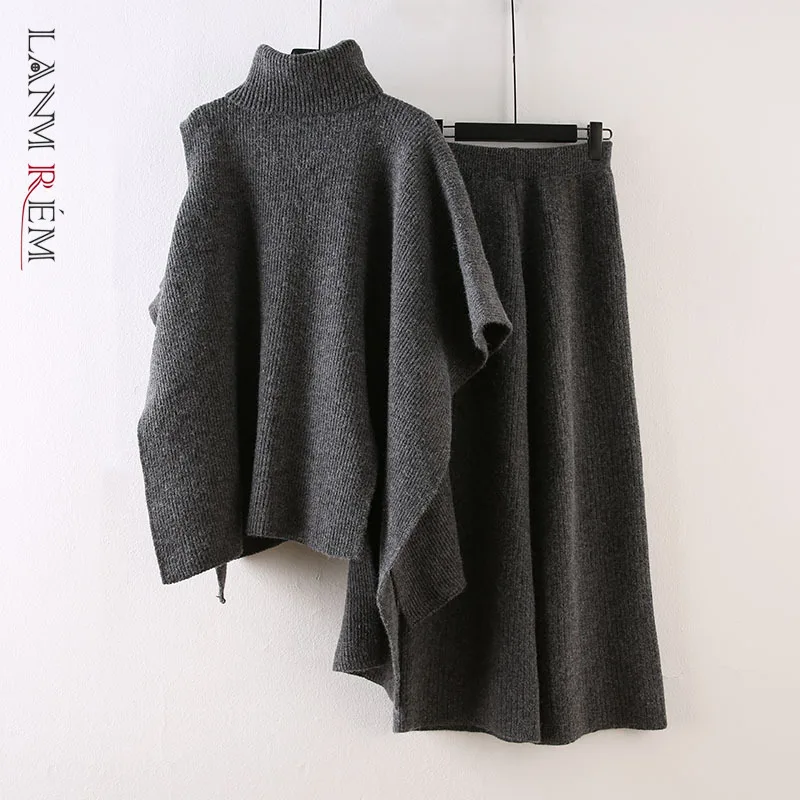 

LANMREM 2021 New Autumn And Winter Women's High Neck Off Shoulder Solid Color Sweater With Wide Leg Pants Sets 2C650