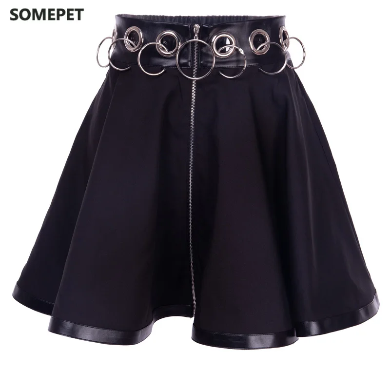 

Women Black Mini Skirts Gothic Punk Ring Zipper High Waist Female Streetwear Skirts Fashion Party A-line Skirt