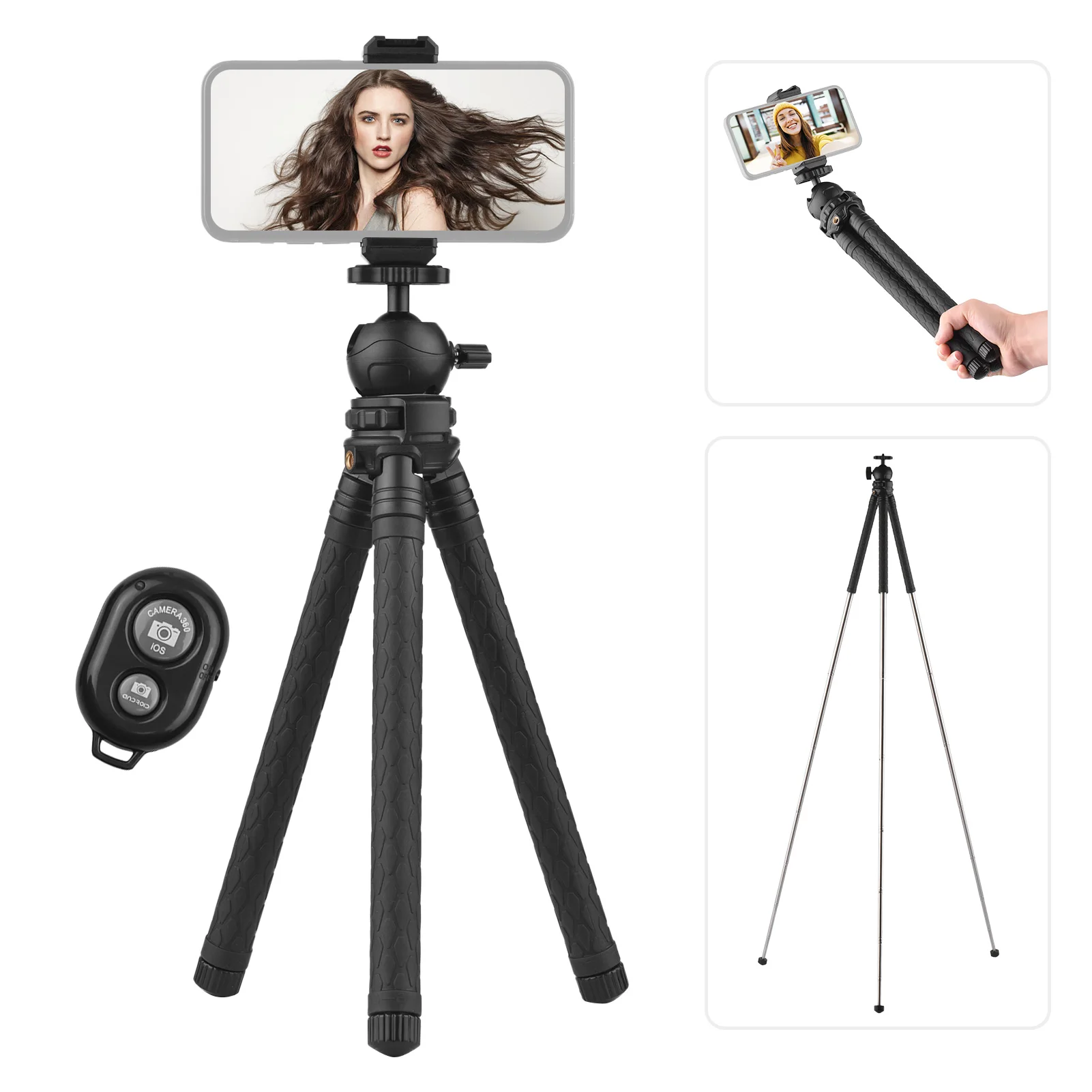 

Extendable Desktop Tripod Stand 108cm/ 42.5in Max. Height 360° Rotatable Ball Head with Phone Holder Wireless Remote Shutter